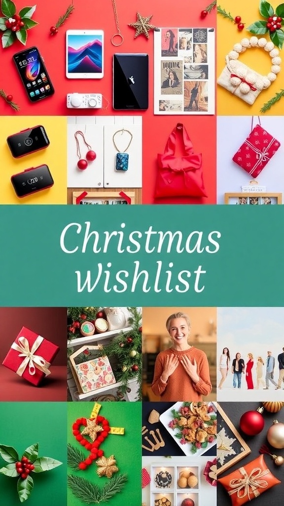 A moodboard with diverse Christmas wishlist ideas including gadgets, accessories, and home decor, decorated with festive elements.